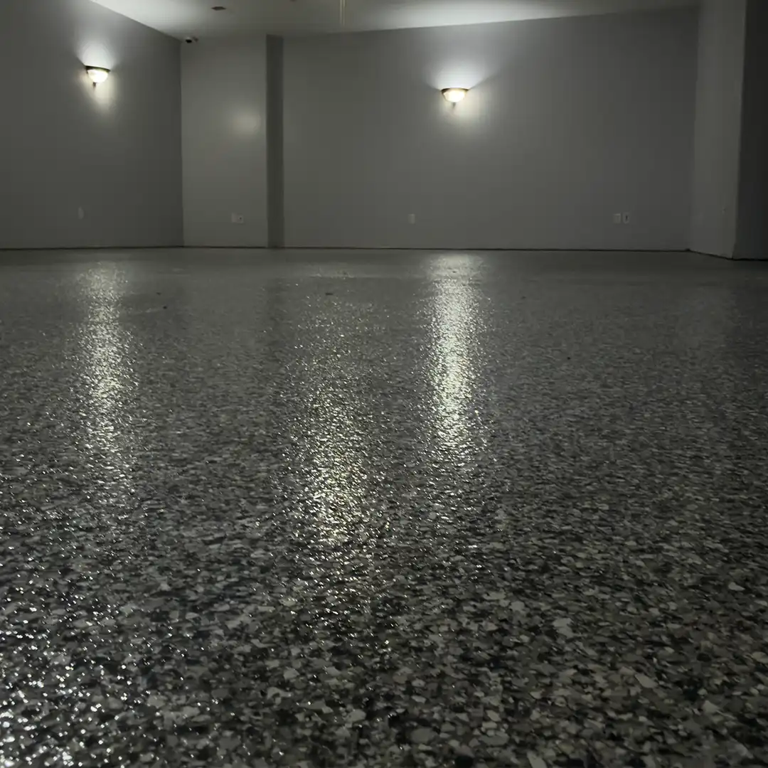 Finished basement epoxy flooring installed in Northern Michigan